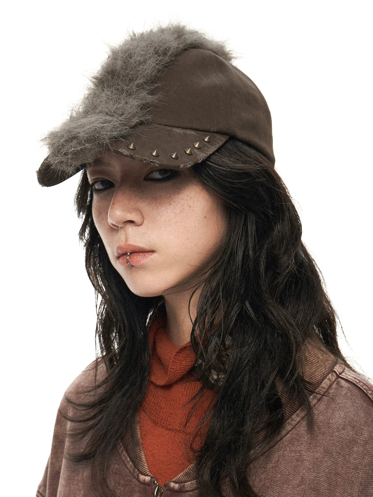 Vintage Punk Distressed Mohair Plush Newsboy Cap with Studs – Washed Texture Main image