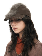 Vintage Punk Distressed Mohair Plush Newsboy Cap with Studs – Washed Texture