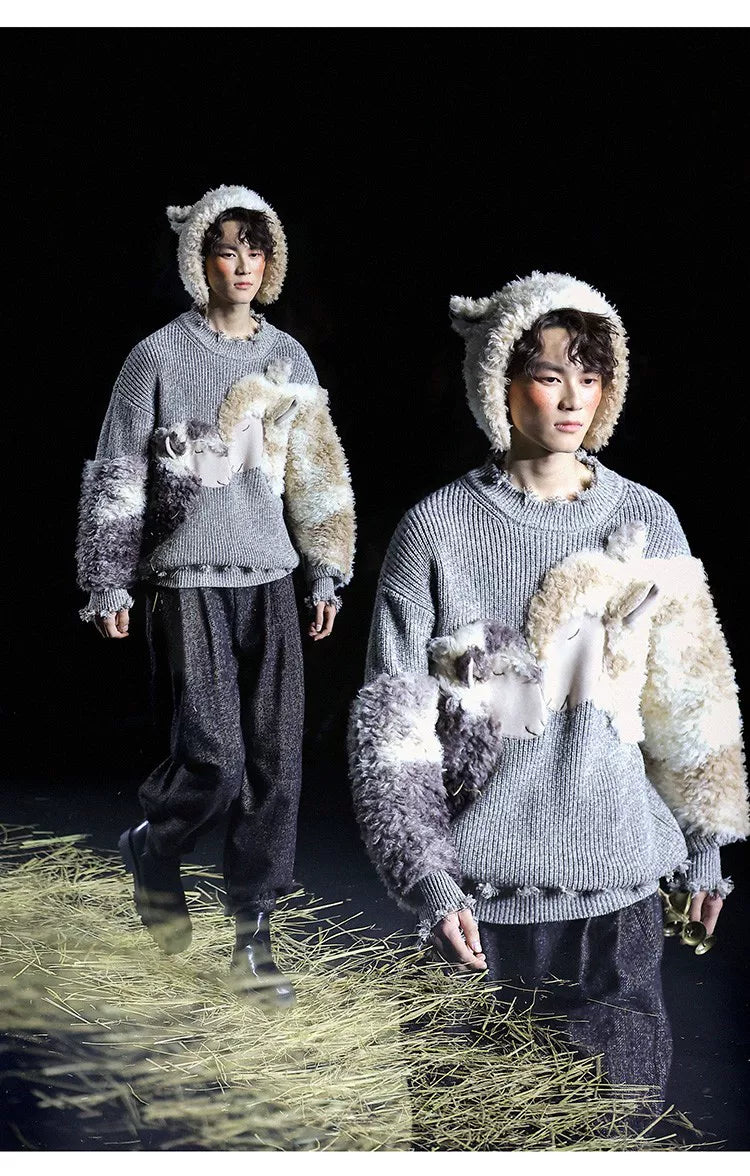 Vintage 3D Plush Sheep Oversized Sweater