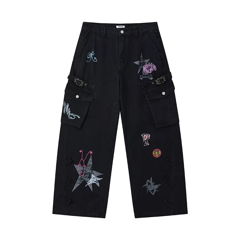 Grotesque Hand-Drawn Graphic Panel Loose Fit Cargo Denim Pants