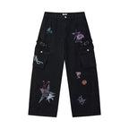 Grotesque Hand-Drawn Graphic Panel Loose Fit Cargo Denim Pants