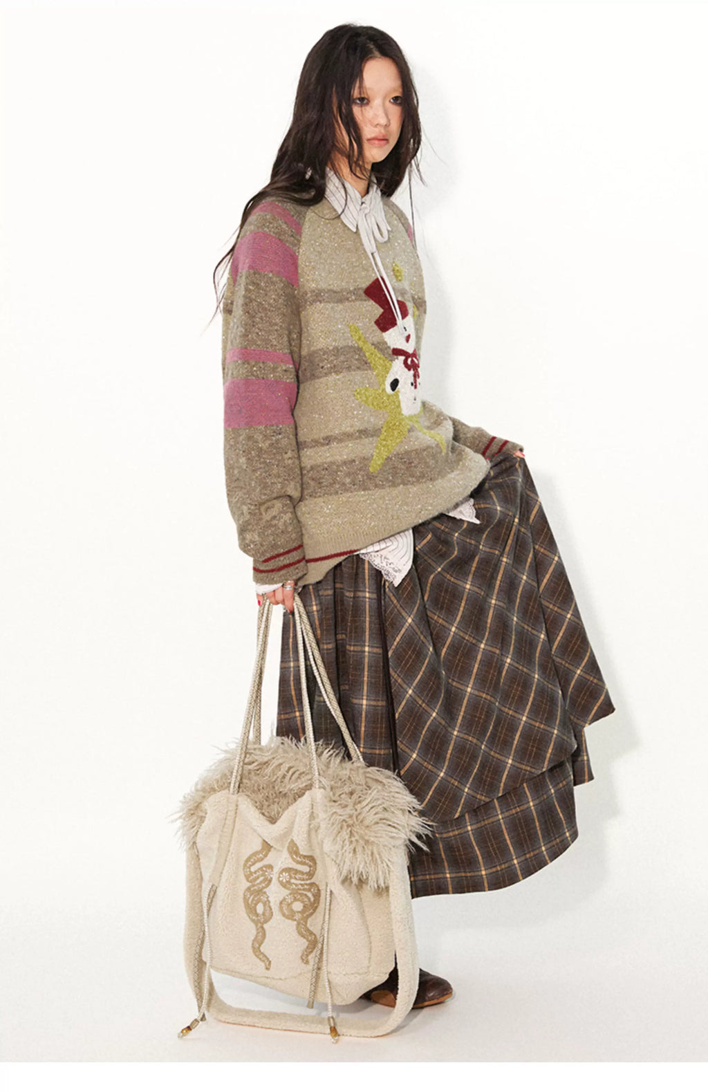 Snake Print Lamb Wool Embroidered Bag