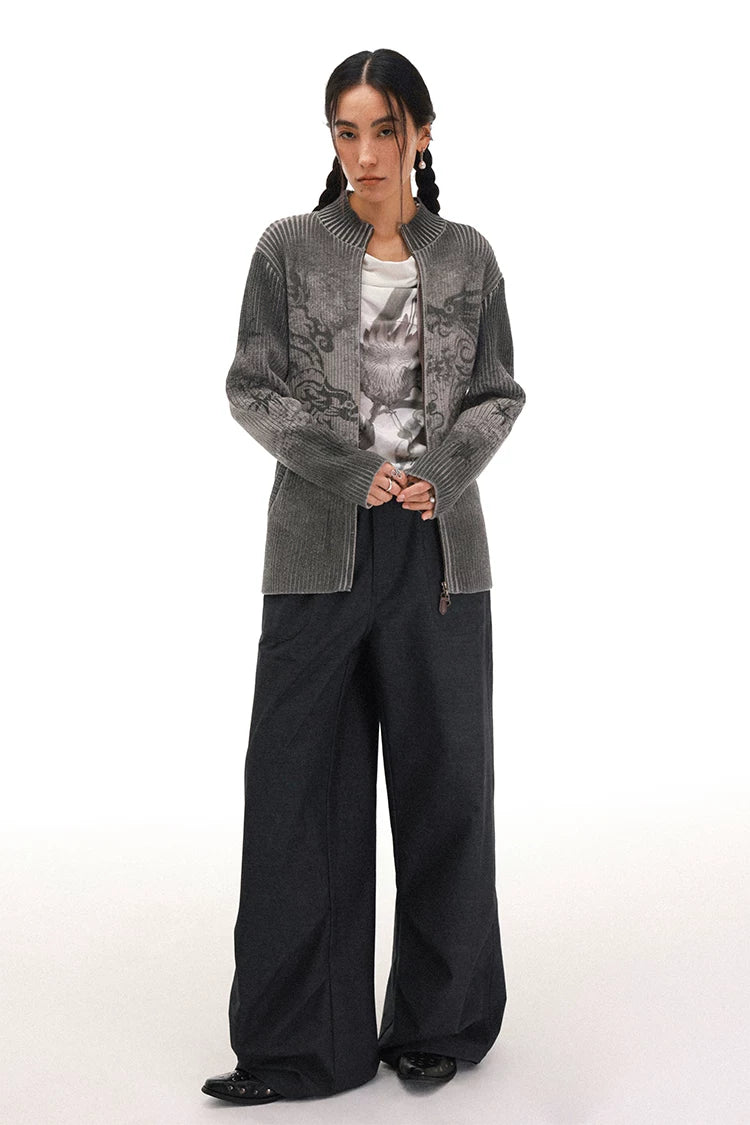Chinese-Inspired Dragon Print Half-Zip Cardigan Sweater