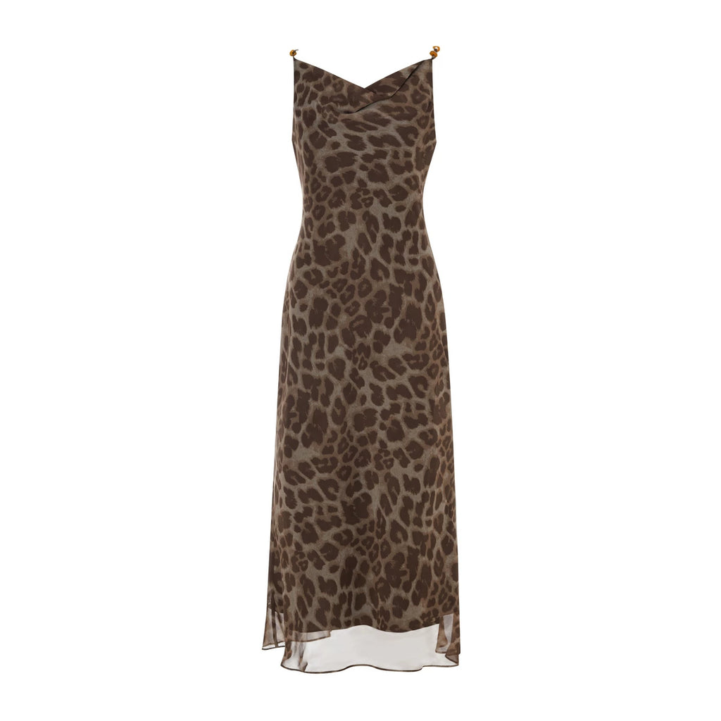 Leopard Print Chiffon Cowl Neck Bodycon Slip Dress