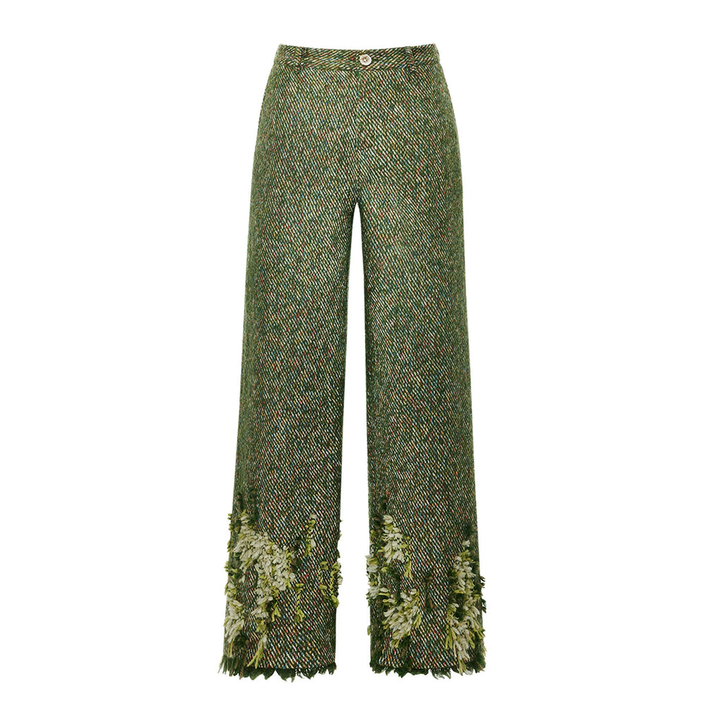 Vintage Moss Green Straight-Leg Twill Pants with Handmade Yarn Stitching