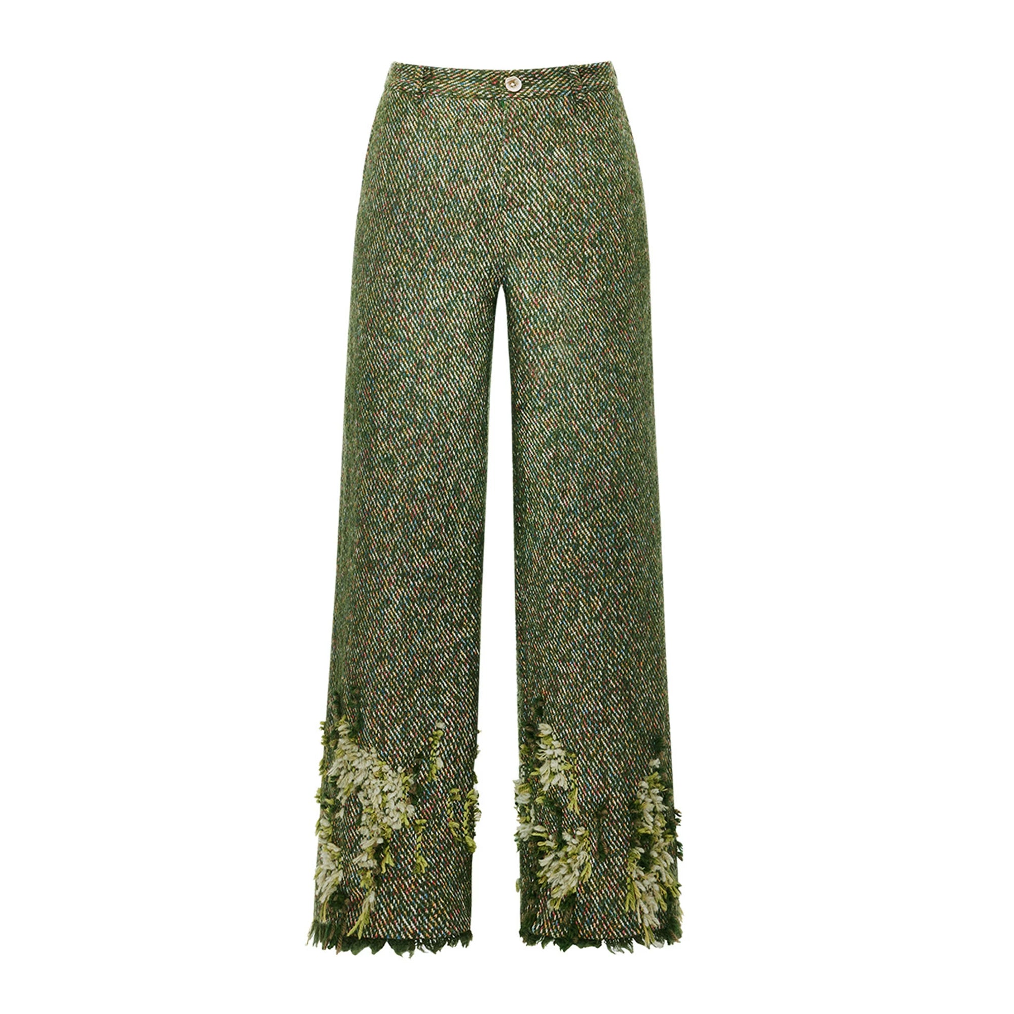 Vintage Moss Green Straight-Leg Twill Pants with Handmade Yarn Stitching