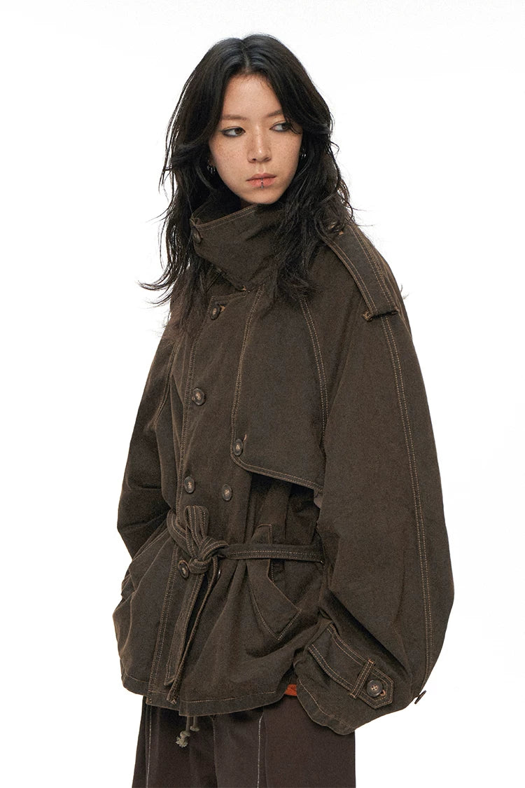 Raglan Sleeve Detachable Panel Cotton Denim Cropped Brown Trench Jacket