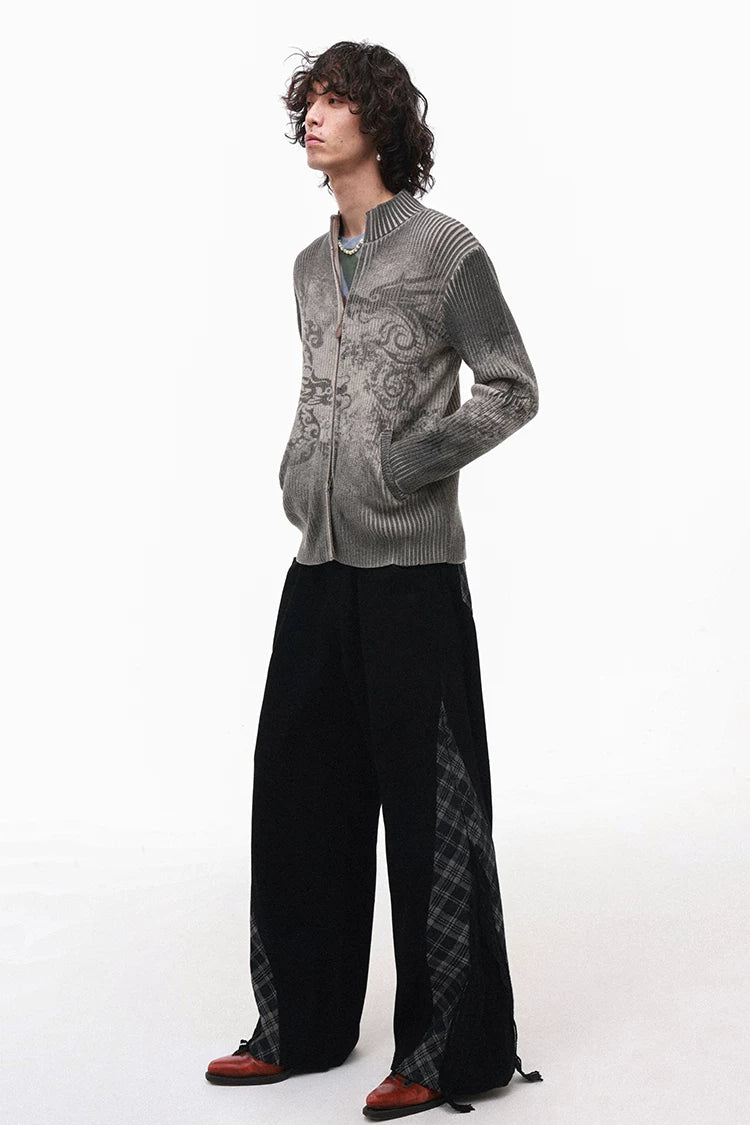 Chinese-Inspired Dragon Print Half-Zip Cardigan Sweater