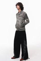 Chinese-Inspired Dragon Print Half-Zip Cardigan Sweater