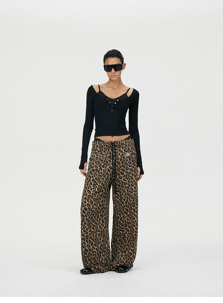 Faux Two-Piece Lace U-Neck Henley Layering Top