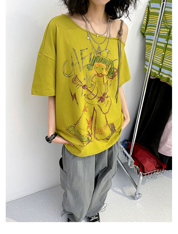 Hand-Drawn Graphic Off-Shoulder Short Sleeve T-Shirt