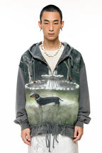 Jack Graphic Distressed Ruched Patchwork Zip-Up Hoodie
