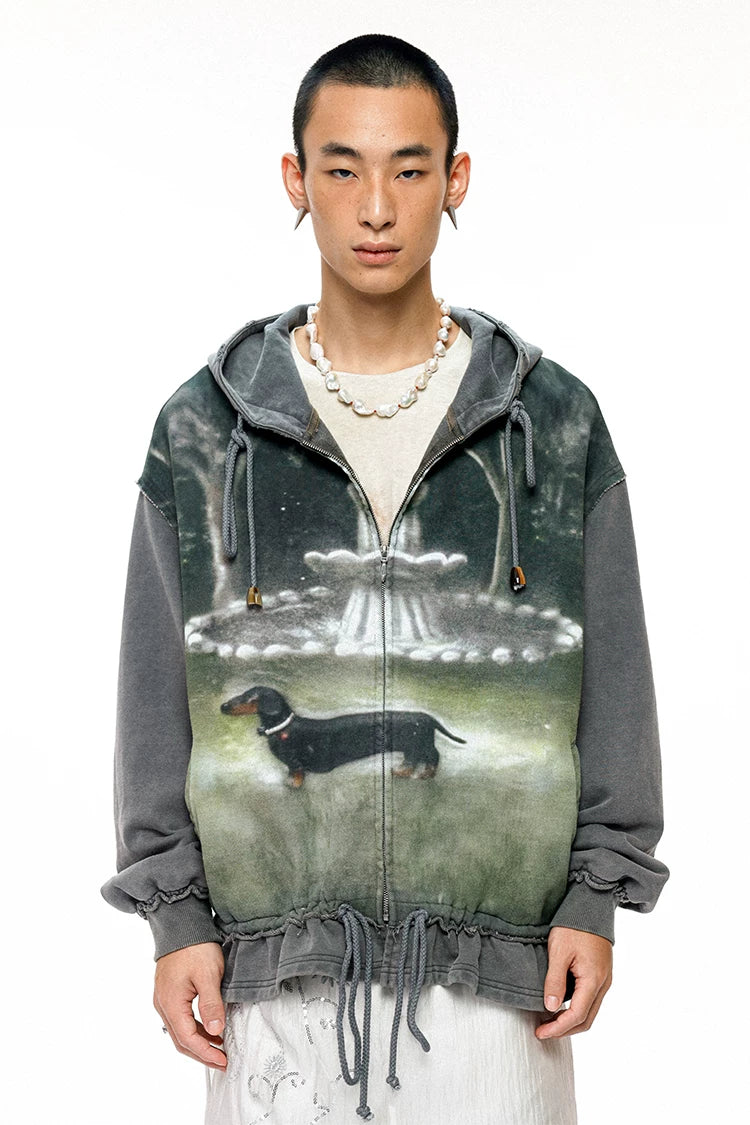 Jack Graphic Distressed Ruched Patchwork Zip-Up Hoodie