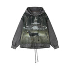 Jack Graphic Distressed Ruched Patchwork Zip-Up Hoodie