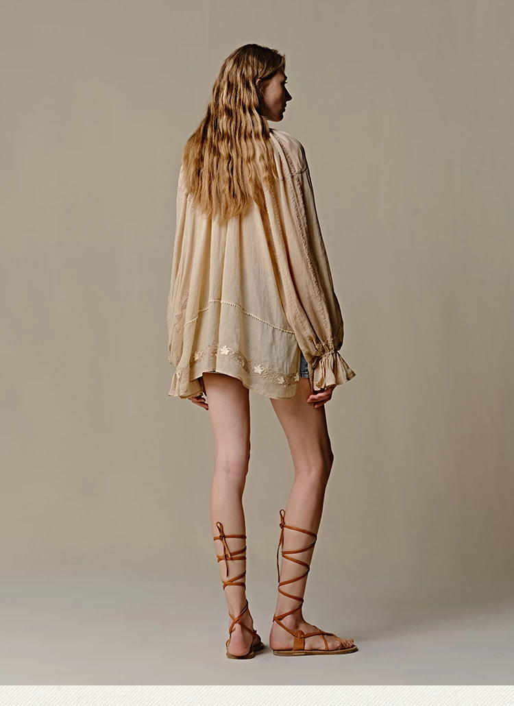 Ramie Bubble Sleeve Blouse with Woven Trim