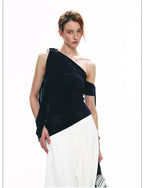 French-Inspired Acetate One-Shoulder Tie Detail Sleeveless Top