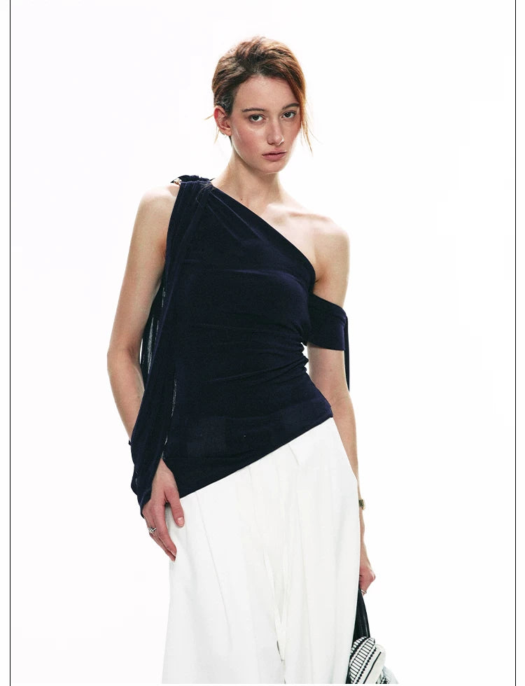 French-Inspired Acetate One-Shoulder Tie Detail Sleeveless Top