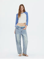 Contrast Raglan 3/4 Sleeve Curved Hem Cropped T-Shirt