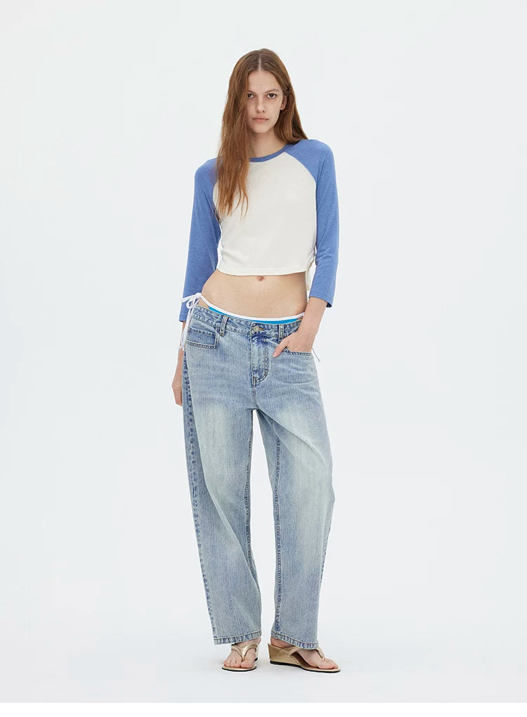 Contrast Raglan 3/4 Sleeve Curved Hem Cropped T-Shirt