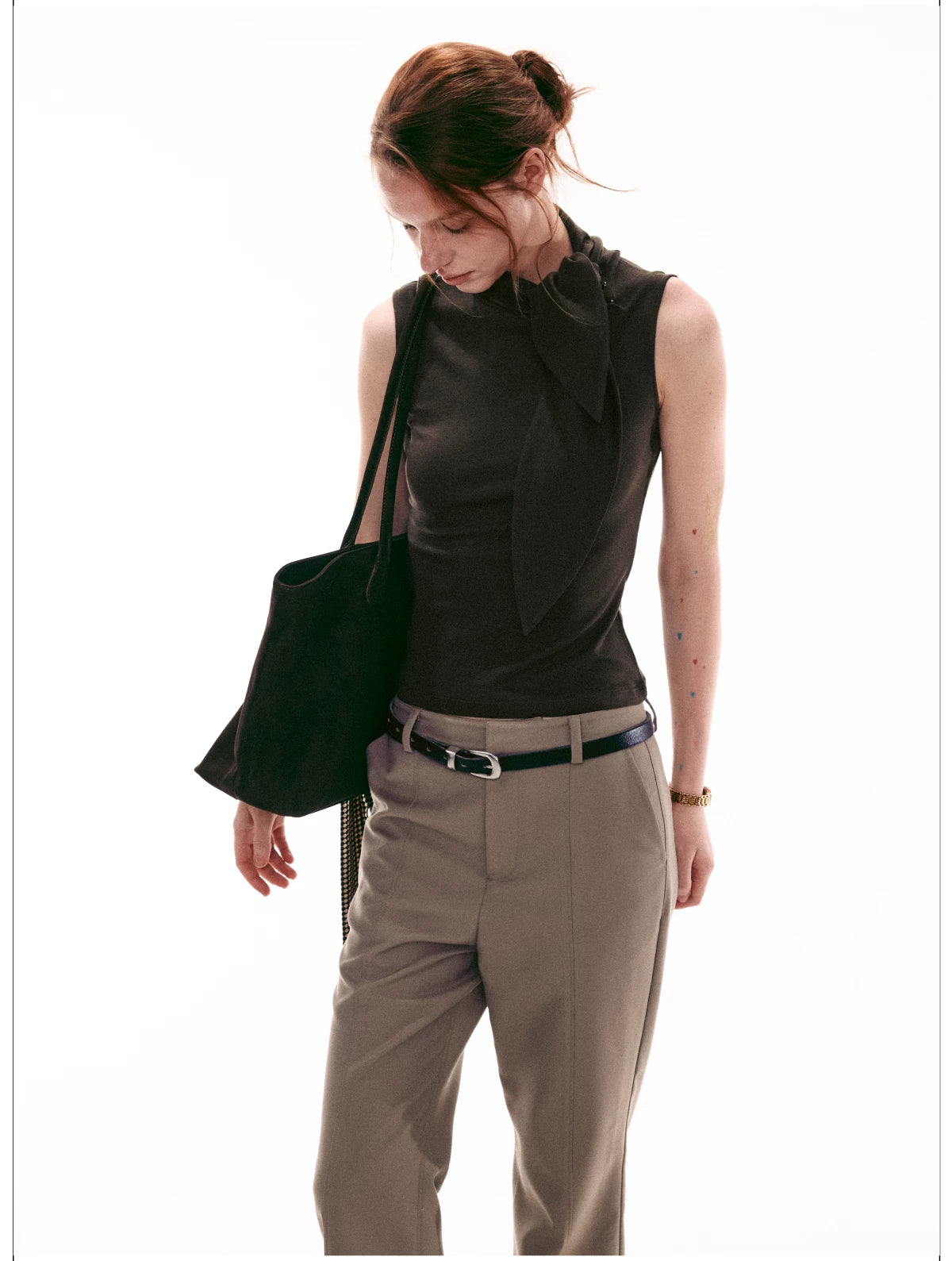 Elegant French Tie-Neck Sleeveless Fitted Top