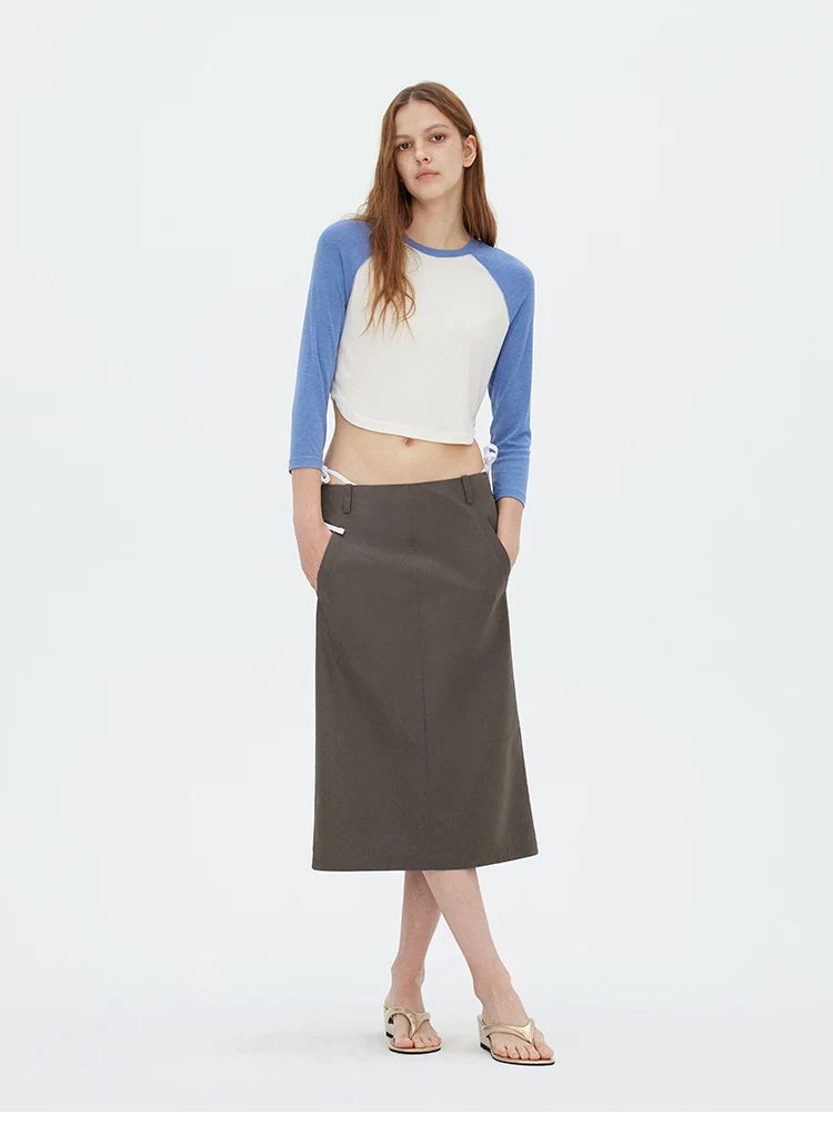 Contrast Raglan 3/4 Sleeve Curved Hem Cropped T-Shirt