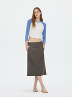 Contrast Raglan 3/4 Sleeve Curved Hem Cropped T-Shirt