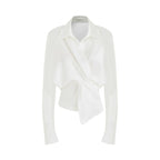 French-Inspired Satin V-Neck Twist Knot Blouse