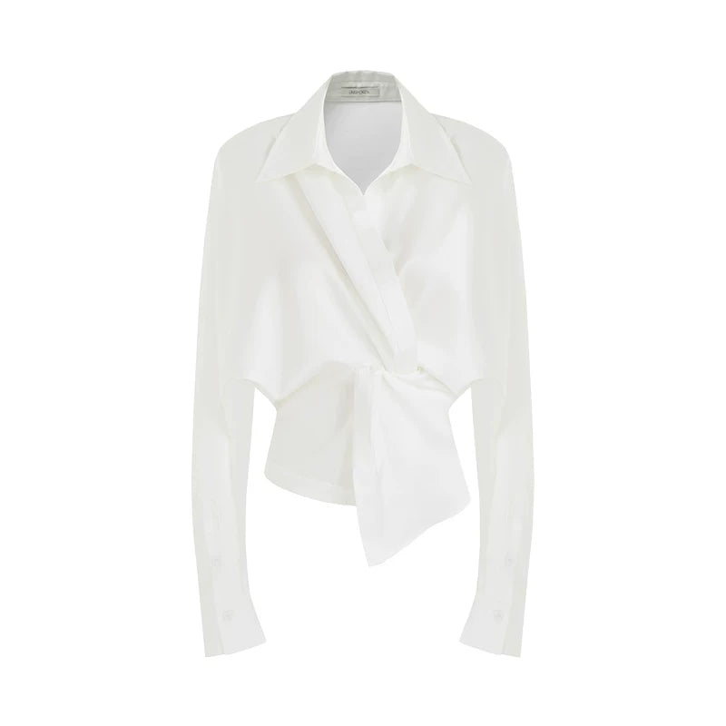 French-Inspired Satin V-Neck Twist Knot Blouse Main image