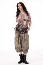 Vintage Workwear-Inspired All-Over Print Draped Short Sleeve Shirt