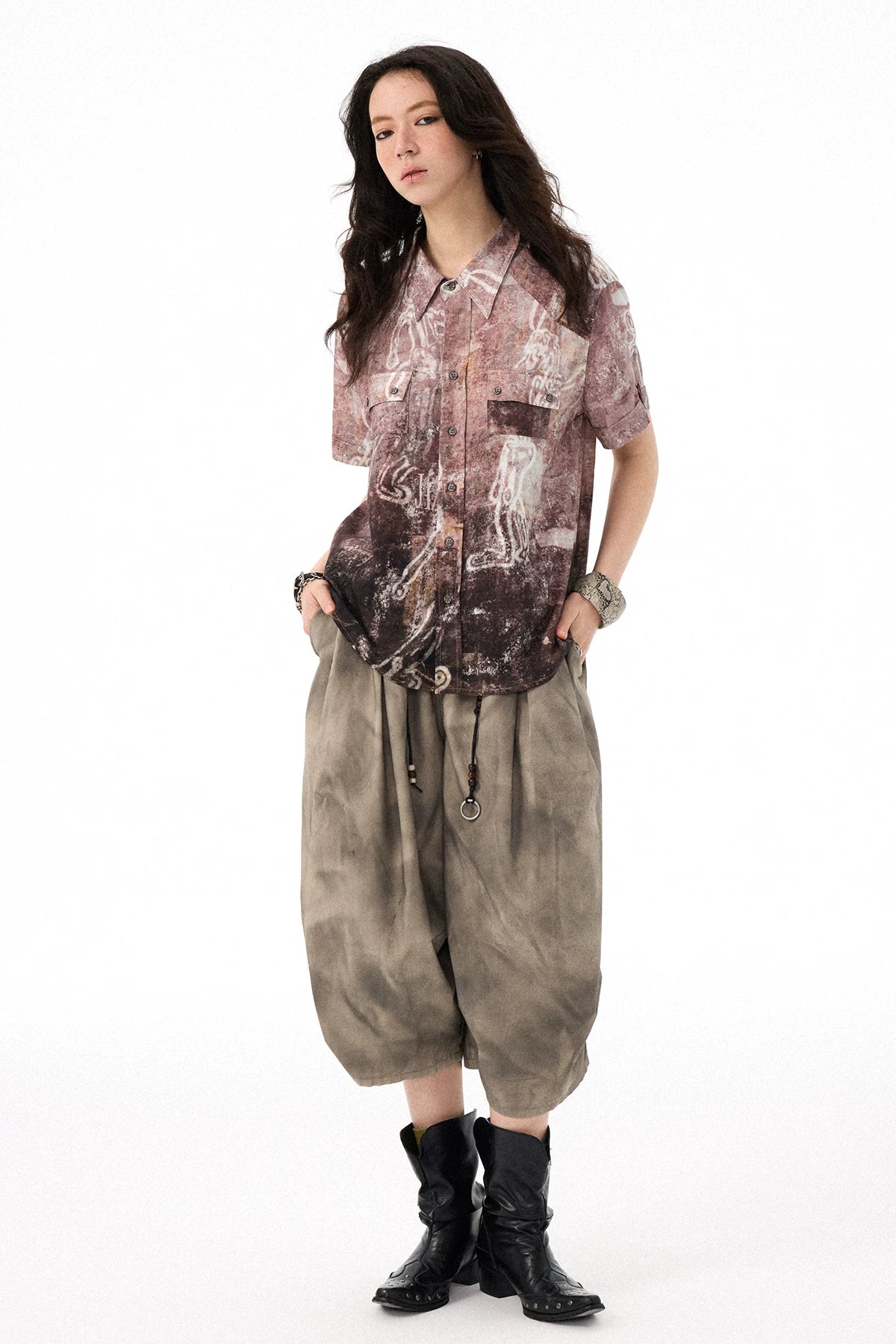 Vintage Workwear-Inspired All-Over Print Draped Short Sleeve Shirt