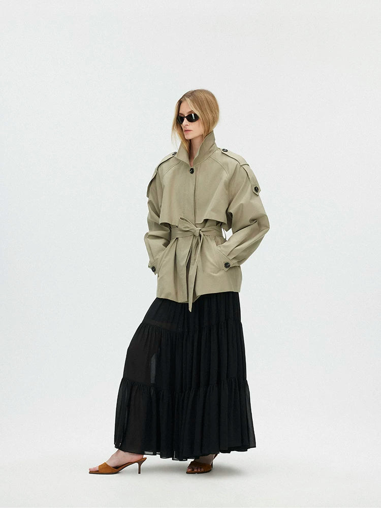 Cropped Trench Jacket with Curved Shoulders and Tie Detail