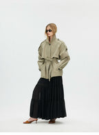 Cropped Trench Jacket with Curved Shoulders and Tie Detail