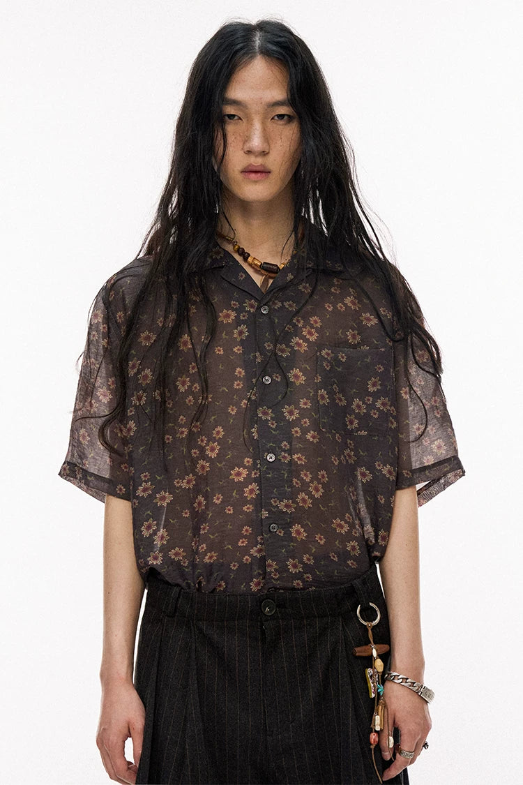 Tencel Vintage Brown Small Floral Cuban Collar Short Sleeve Shirt – Contrast Trim