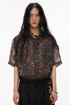 Tencel Vintage Brown Small Floral Cuban Collar Short Sleeve Shirt – Contrast Trim