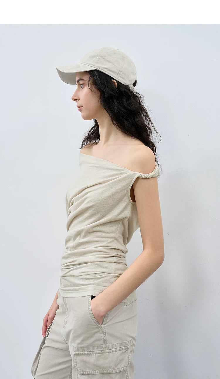 Summer Loose Casual One-Shoulder Asymmetrical Ruched T-Shirt