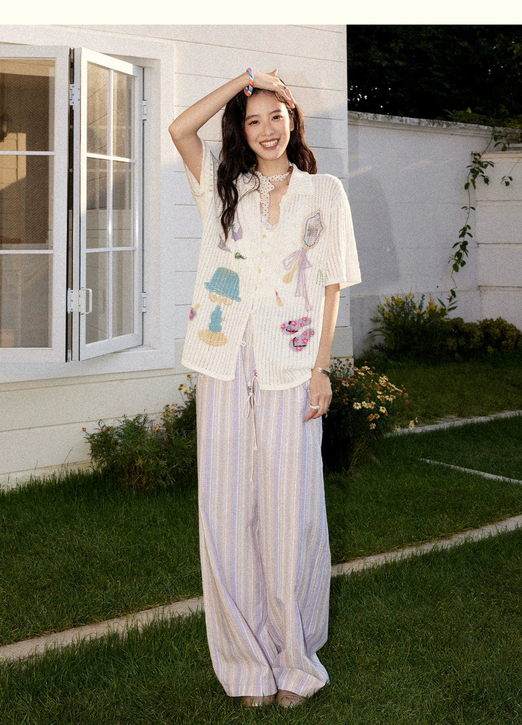Knitted Openwork Vertical Stripe Loose Fit Shirt