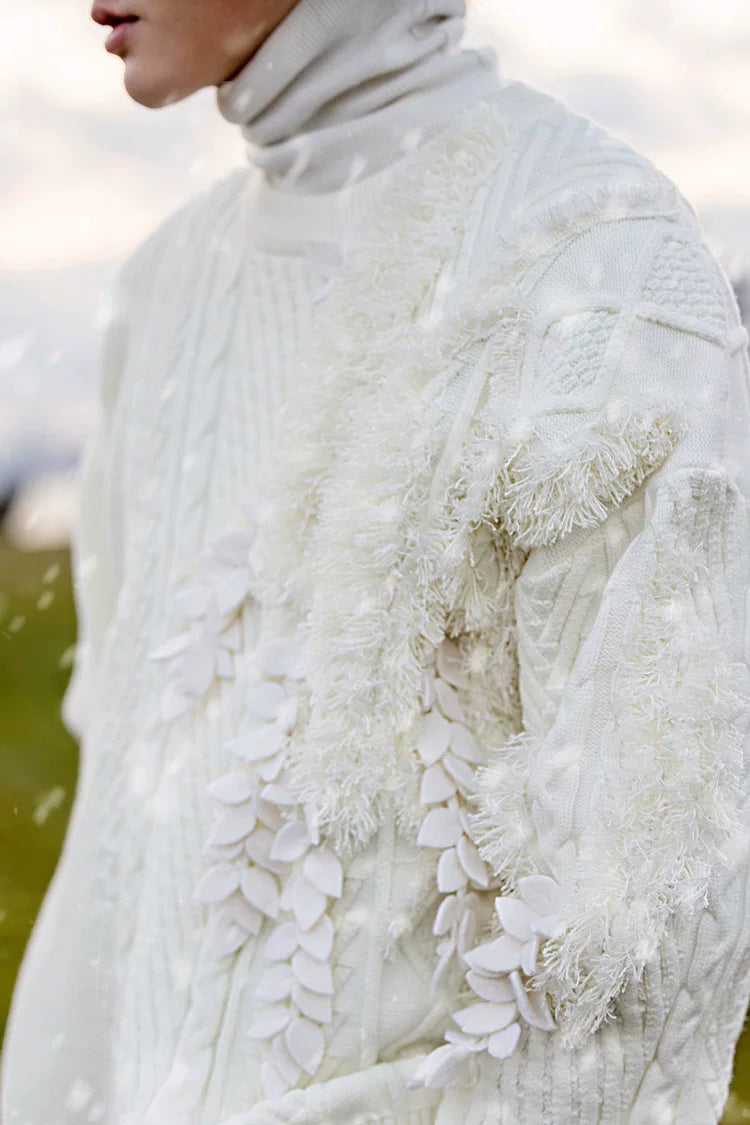 Vintage Asymmetric Chunky Knit Sweater with 3D Leaf Fringe