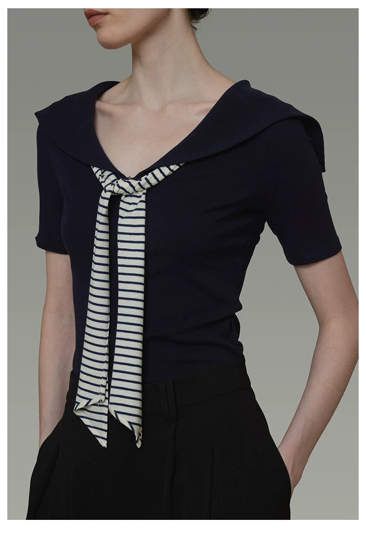 Vintage Sailor Collar Striped Knit Short Sleeve Top with Tie Detail