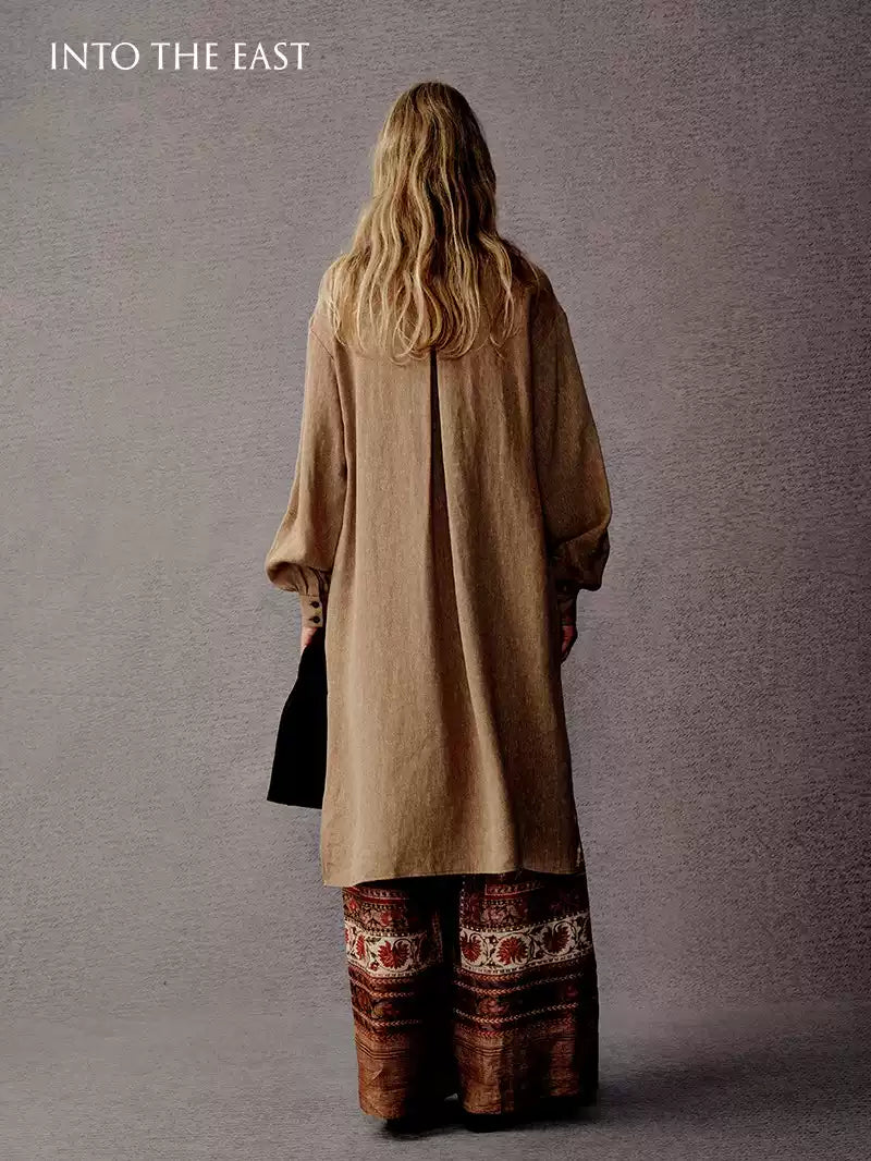 Boho Linen Placement Print Wide-Leg Pants