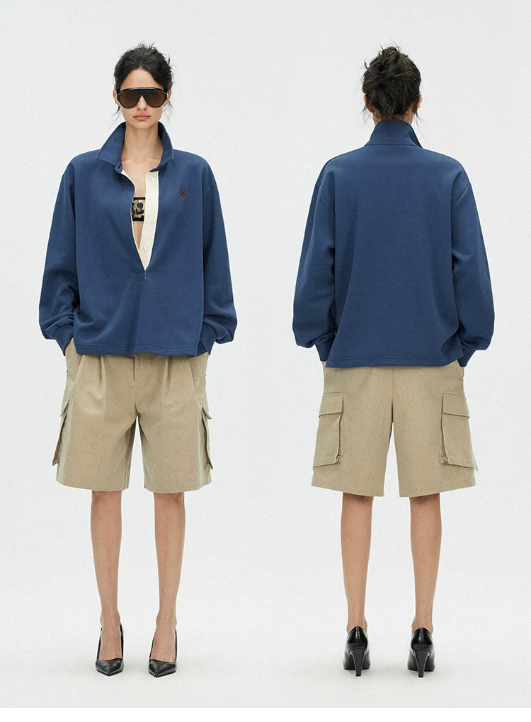 Contrast Trim Embroidered Long Sleeve Polo Shirt
