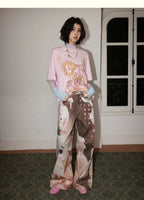 All-Over Doll Print Wide-Leg Denim Pants