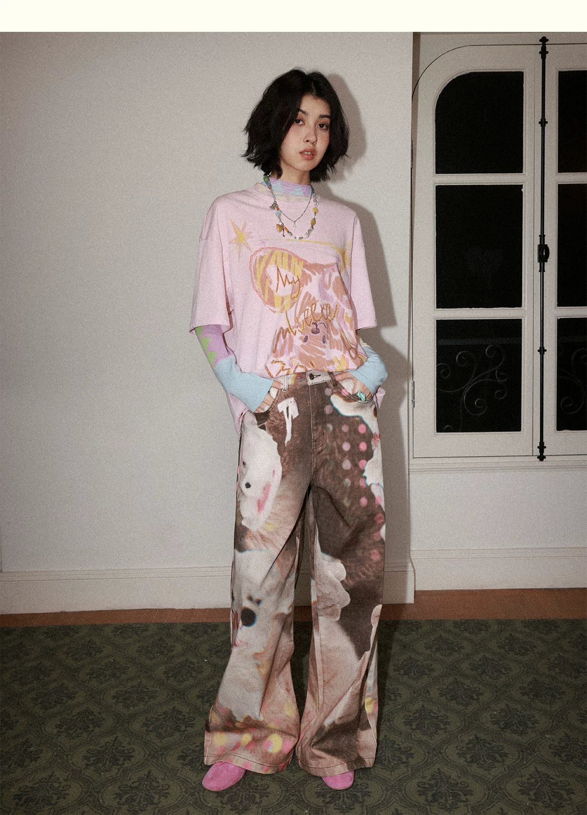 All-Over Doll Print Wide-Leg Denim Pants