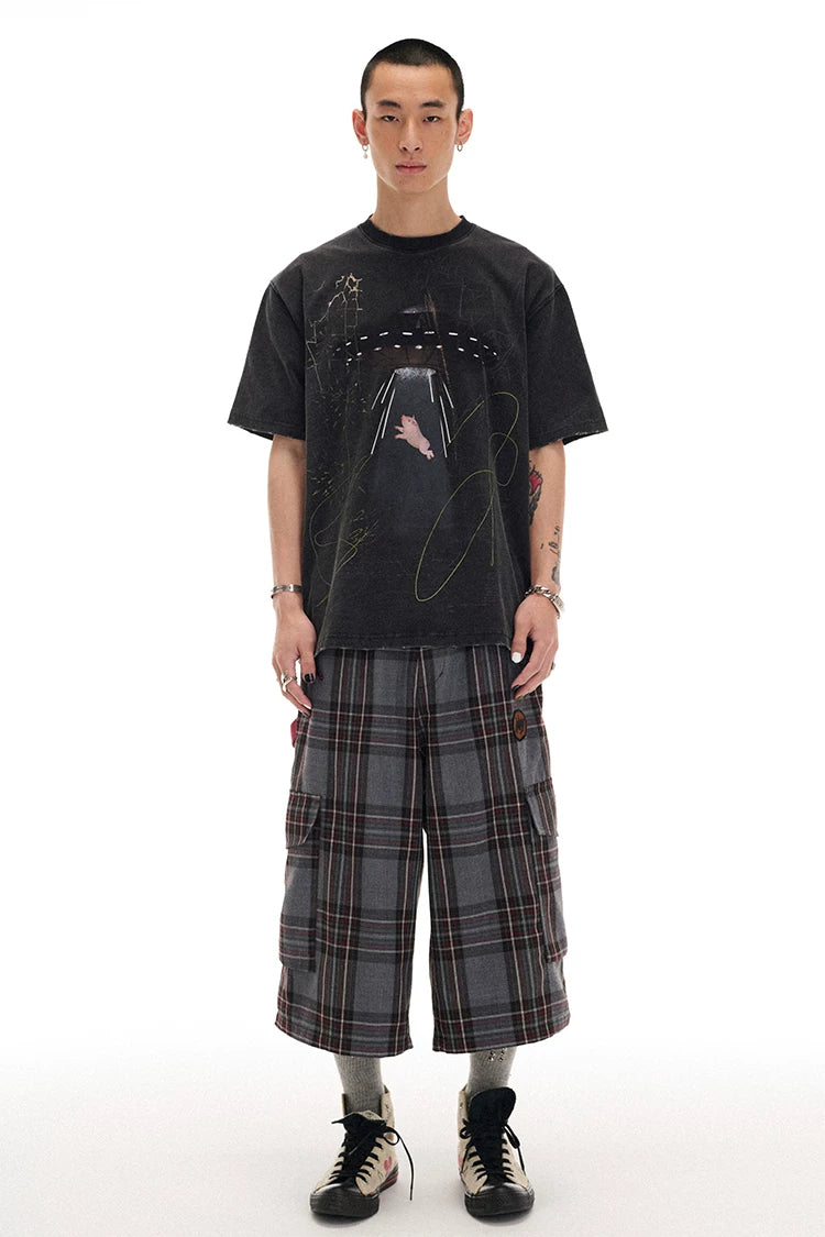 Alien UFO Pig Graphic Short Sleeve T-Shirt