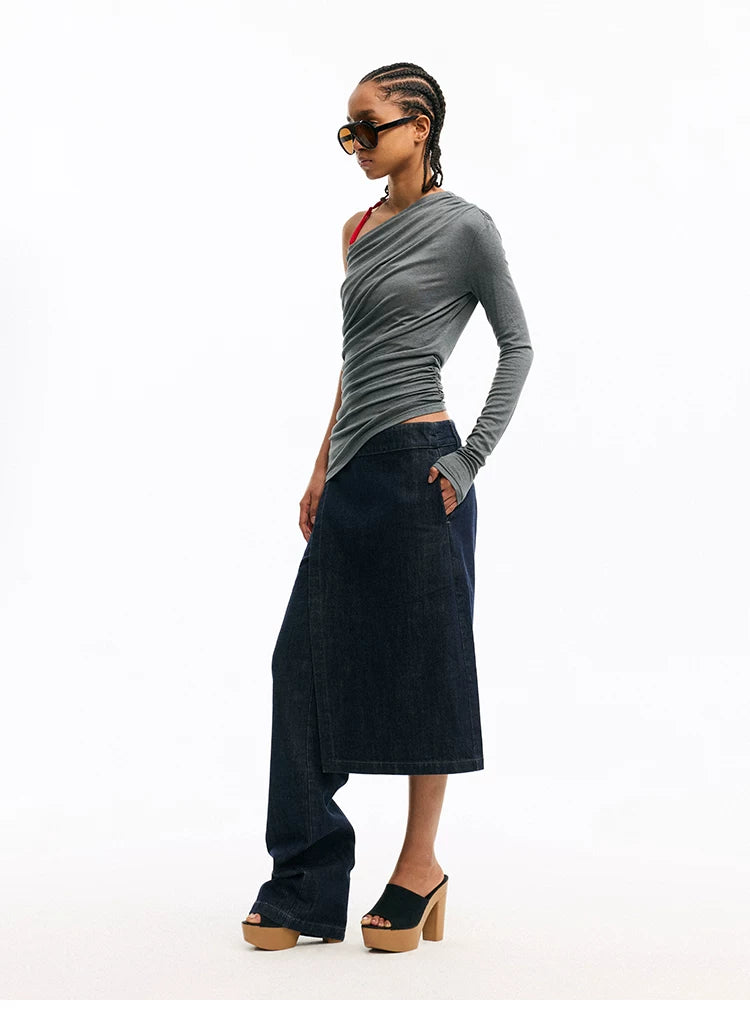 Asymmetric Ruched One-Shoulder Fitted T-Shirt