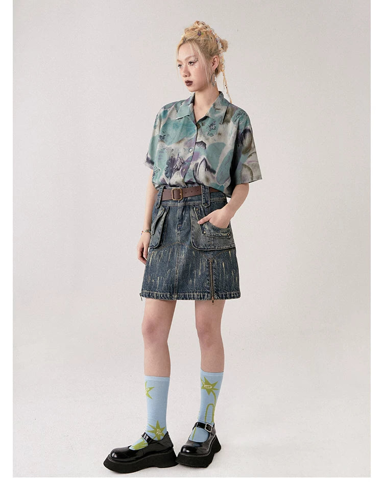 Retro Dye-Wash Graphic Short Sleeve Shirt