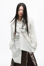 Rebellious Puppy Hand-Drawn Graphic Lace Patchwork Long Sleeve Shirt