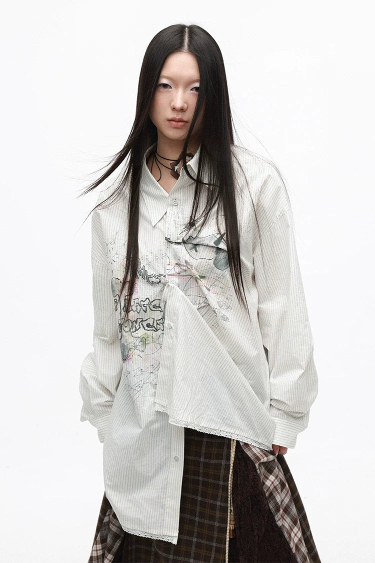 Rebellious Puppy Hand-Drawn Graphic Lace Patchwork Long Sleeve Shirt
