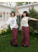 Distressed Washed Drawstring Cargo Straight-Leg Pants
