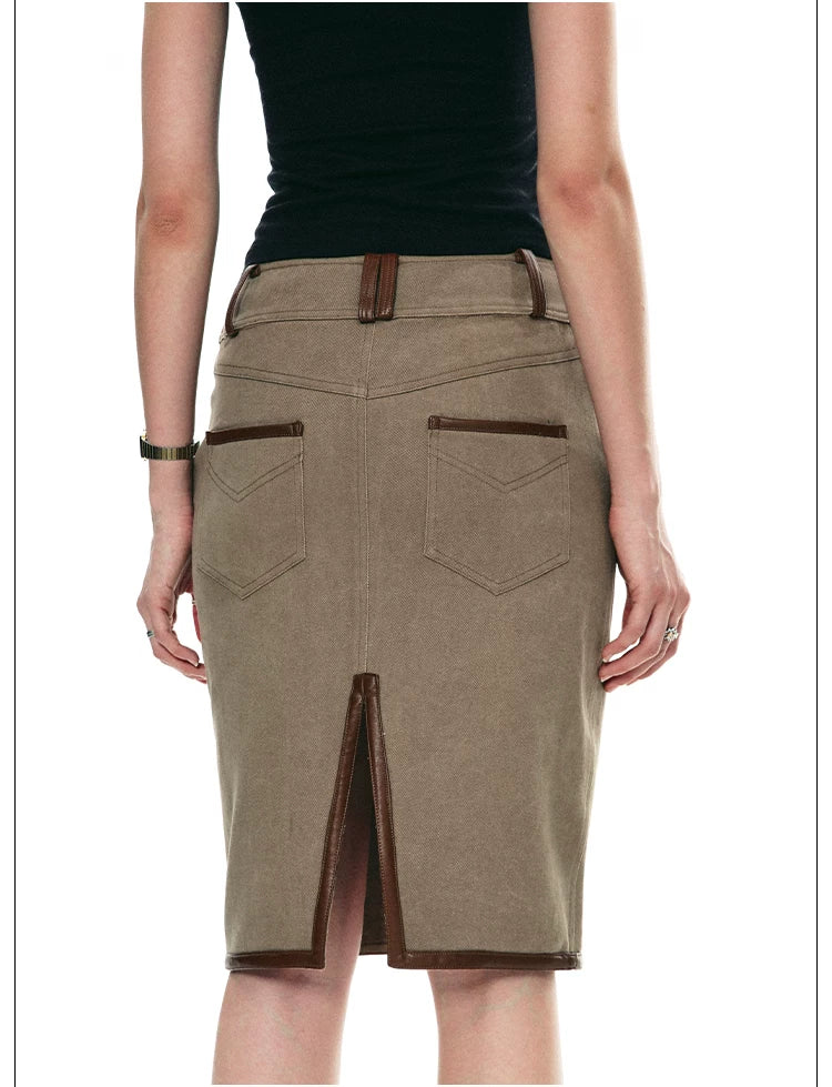 Vintage Contrast Leather Trim Utility Pencil Skirt