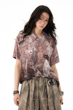 Vintage Workwear-Inspired All-Over Print Draped Short Sleeve Shirt